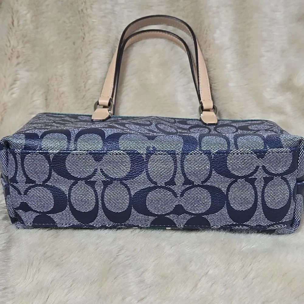 COACH SIGNATURE STRIPE TOP HANDLE TOTE (F51267) SILVER/NAVY/BRIGHT JADE